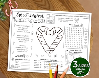 Legend of the Candy Cane Activity Placemat, Candy Cane Story of Jesus Activity Sheet, Sunday School Lesson, Kids Christmas Coloring Placemat