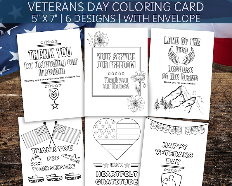 Op de afbeelding: Zes zwart-witte kleurplaten voor Veteranendag. De kaarten bevatten patriottische thema's en boodschappen zoals "Bedankt voor het verdedigen van onze vrijheid" en "Gelukkige Veteranendag". Elke kaart is 12,7 cm bij 17,8 cm en wordt geleverd met een envelop.