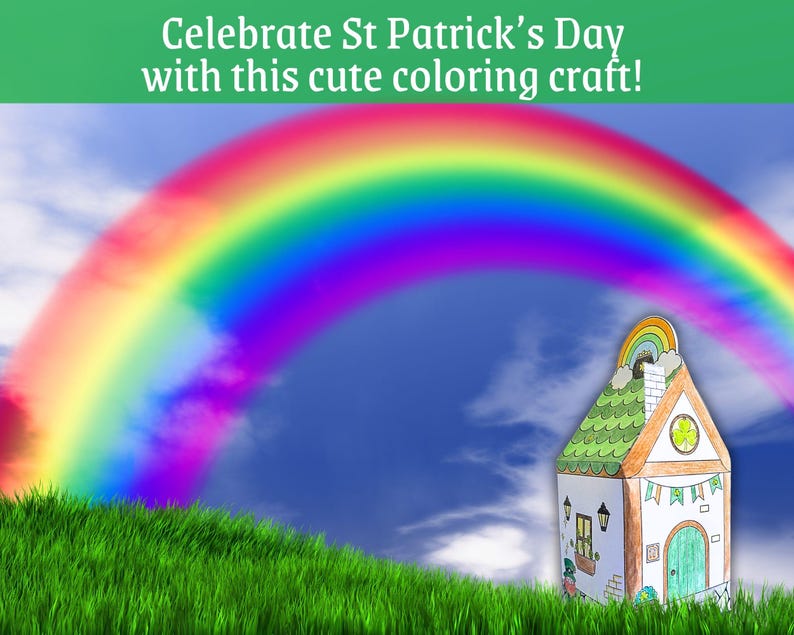 May include: A printable coloring page featuring a cute house with a shamrock on the door, a rainbow above, and green grass. Celebrate St. Patrick's Day with this coloring craft!