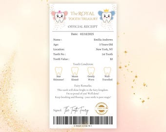 Bewerkbaar sjabloon voor een ontvangstbewijs van de tandenfee, briefje van de tandenfee, ontvangstbewijs voor de eerste verloren tand, tandcertificaat, bezoek van de tandenfee, ideeën voor een aandenken