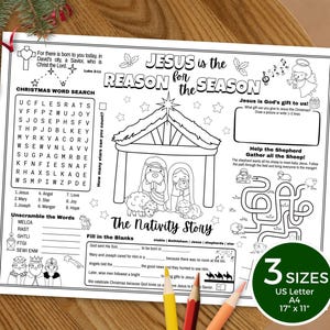 Jesus is the Reason Nativity Activity Placemat, Birth of Jesus Christmas Coloring Placemat, Sunday School Kids Activity Sheet, Bible Games