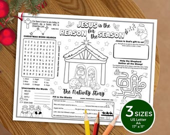 Jesus ist der Grund Krippenaktivität Tischset, Geburt von Jesus Weihnachtsfärbung Tischset, Sonntagsschule Kinder Aktivitätsblatt, Bibelspiele