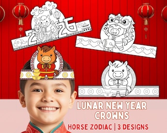 Lunar New Year 2026 Paper Crown Template, Year of the Horse Chinese New Year Hat, Chinese Zodiac  Lunar New Year Craft, Kids Coloring Pages