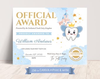 Blue Tooth Fairy Certificate Template, First Lost Tooth Certificate, Boys Tooth Fairy Gift, Toothfairy Keepsake, First Tooth Award Printable