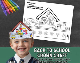 First Day of School Paper Crown Template, Back to School Craft, 1st Day of Preschool Headband, First Day Photo Prop, Kids Coloring Activity