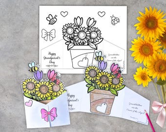 Grandparents Day Craft, Flower Coloring Card, DIY Gift for Grandma Mothers Day, Nana Birthday Card from Grandkids, Sunday School Craft