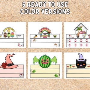 May include: Six ready-to-use color versions of paper crowns with summer and Halloween themes. Each crown features unique illustrations, including ice cream, a witch hat, a watermelon, and a black cat wearing a witch hat. The text "SUMMERWEEN" and "LET'S PARTY" are visible.