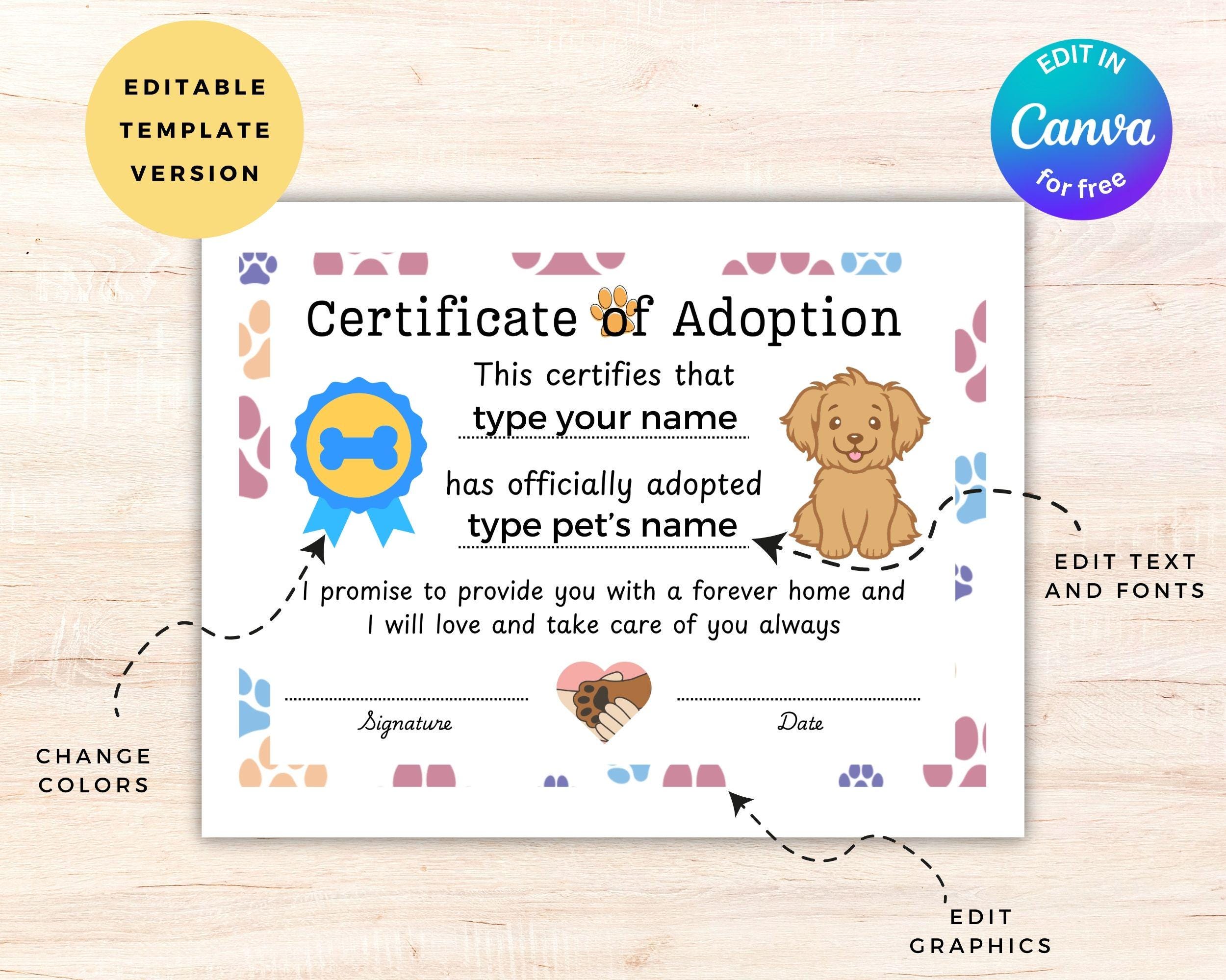 Dog Adoption Certificate Printable Editable Pet Certificate Template Dog Adoption Certificate Printable Editable Pet Certificate Template