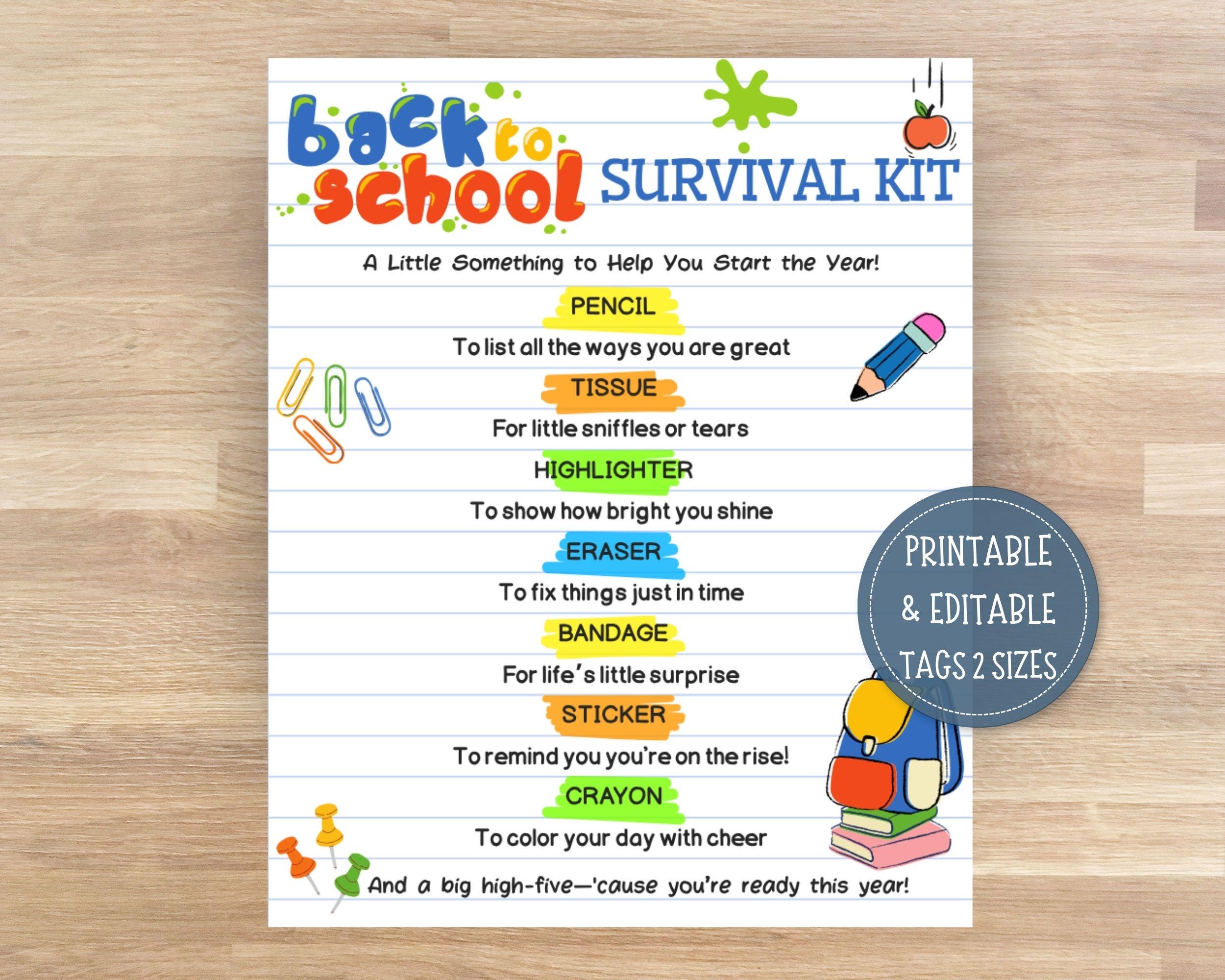 Back to School Survival Kit Tags, First Day of School Student Survival ...