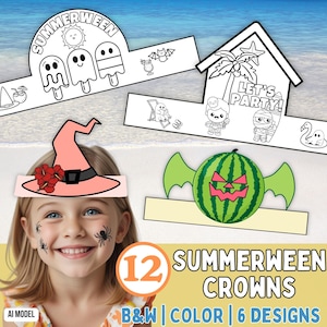 May include: A set of 12 printable paper crowns featuring Summerween themes. Designs include black and white outlines of ghosts, popsicles, and beach scenes with text reading SUMMERWEEN and LET'S PARTY, plus a colored watermelon jack-o'-lantern crown.