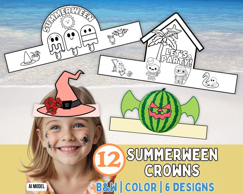 May include: A set of 12 printable paper crowns featuring Summerween themes. Designs include black and white outlines of ghosts, popsicles, and beach scenes with text reading SUMMERWEEN and LET'S PARTY, plus a colored watermelon jack-o'-lantern crown.