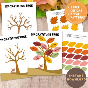 Puede incluir: Actividad de árbol de gratitud imprimible con dos diseños de árboles diferentes y dos patrones de hojas. El imprimible presenta un árbol marrón con ramas y hojas. Las hojas están en blanco para escribir las cosas por las que estás agradecido. El imprimible también incluye una hoja de hojas para cortar y pegar en el árbol.