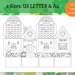 May include: A printable coloring page of a leprechaun's house. The house has a rainbow roof, a door, windows, and a pot of gold. The house is surrounded by shamrocks and a leprechaun is standing in front of it. The page is labeled "2 Sizes: US LETTER & A4" and "PDF Digital Download".