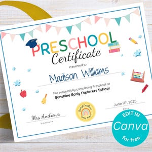Certificat de fin d'études préscolaire modifiable, modèle de diplôme préscolaire, cérémonie de remise des diplômes de fin d'année scolaire, diplôme d'études supérieures de maternelle