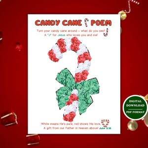 May include: A digital download Christmas-themed print featuring a candy cane poem. The candy cane is made of red, white, and green paper. The text reads "CANDY CANE POEM" and includes a Bible verse. The print is in PDF format.