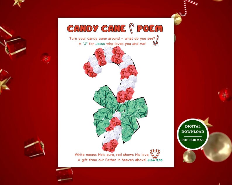 May include: A digital download Christmas-themed print featuring a candy cane poem. The candy cane is made of red, white, and green paper. The text reads "CANDY CANE POEM" and includes a Bible verse. The print is in PDF format.