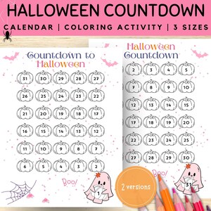 Puede incluir: Un calendario de cuenta atrás de Halloween imprimible con dos versiones. El calendario presenta un fantasma sosteniendo una calabaza y el texto "Countdown to Halloween". El calendario está diseñado para colorear.