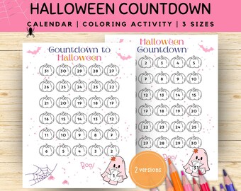 Halloween-nedräkningskalender målaraktivitet, rosa Halloween-klassrumsdekor, dagar till Halloween barnkalender, nedräkning till Halloween