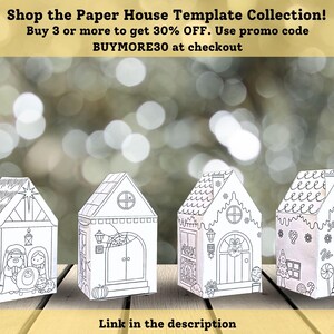 May include: Four printable paper house templates, including a gingerbread house, a nativity scene, a Halloween house, and a candy cane house. The houses are black and white line drawings and can be colored in.