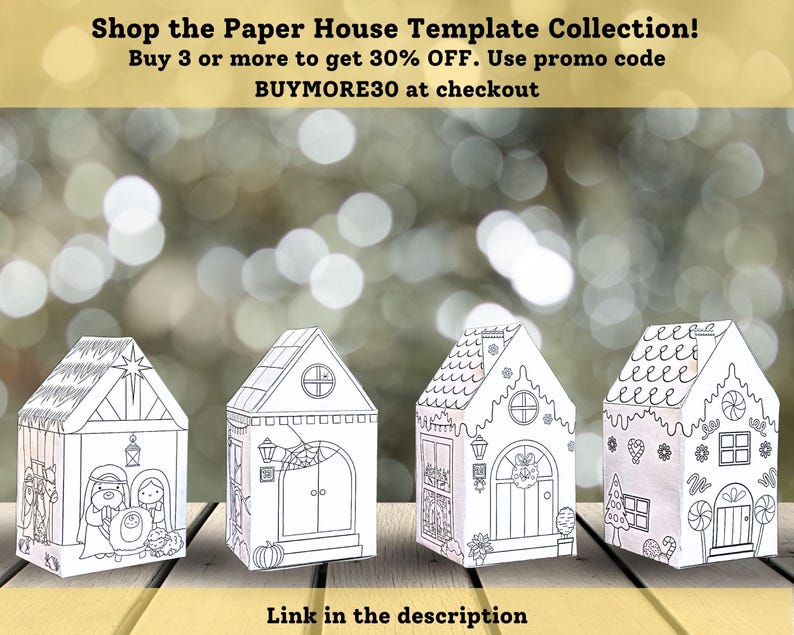May include: Four printable paper house templates, including a gingerbread house, a nativity scene, a Halloween house, and a candy cane house. The houses are black and white line drawings and can be colored in.