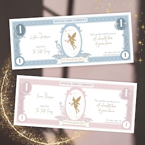 Może przedstawiać: Dwa niebieskie i różowe bony walutowe wróżek z ilustracją złotej wróżki i tekstem "OFFICIAL FAIRY CURRENCY". Bony są na "A chocolate bar of your choice".