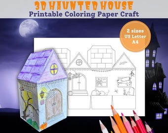 Haunted House Papercraft, 3D Paper House Template, Spooky Paper Houses Craft, Halloween Kids Crafts Kit, Preschool Activity Coloring Pages