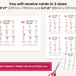 May include: Cards with floral designs and the text "God Says You Are..." in two sizes: 5"x7" (127mm x 178mm) and 3.5"x5" (89mm x 127mm). The cards feature a cross, a heart, and the words "Happy Mother's Day!"