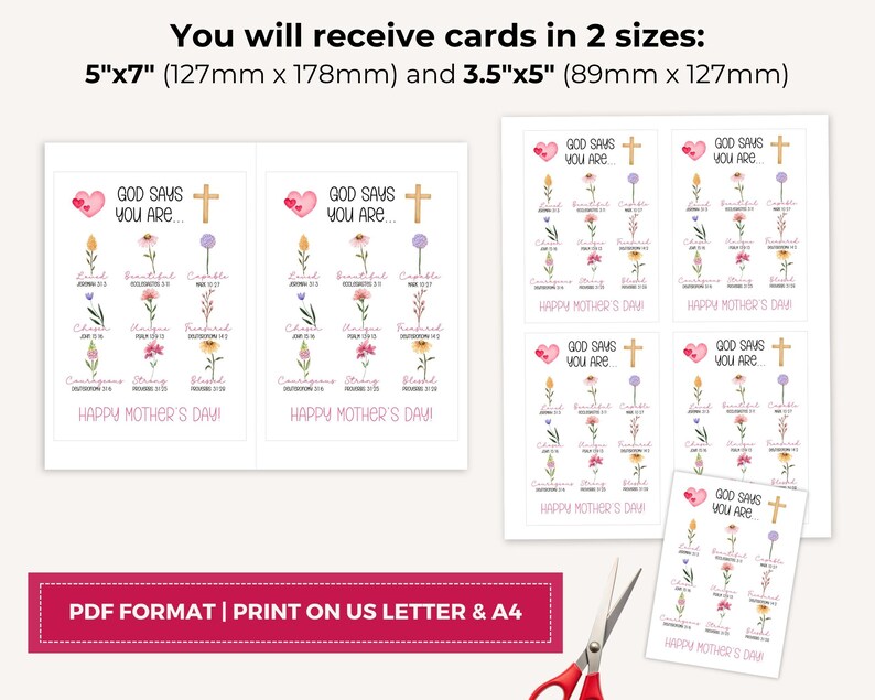 May include: Cards with floral designs and the text "God Says You Are..." in two sizes: 5"x7" (127mm x 178mm) and 3.5"x5" (89mm x 127mm). The cards feature a cross, a heart, and the words "Happy Mother's Day!"