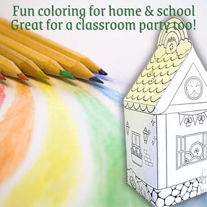 May include: A black and white printable coloring page of a leprechaun's house. The house has a pot of gold on the roof, a window with a shamrock, and a door with a lantern. The image is surrounded by a rainbow and colored pencils.