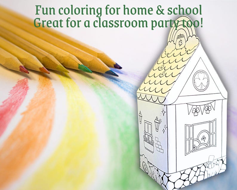 May include: A black and white printable coloring page of a leprechaun's house. The house has a pot of gold on the roof, a window with a shamrock, and a door with a lantern. The image is surrounded by a rainbow and colored pencils.