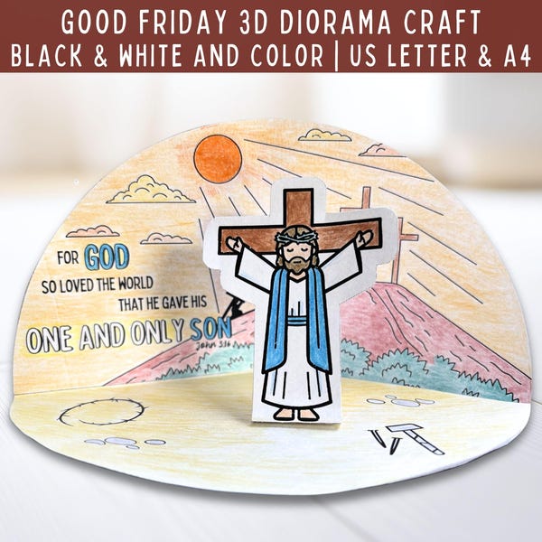 Diorama imprimible en 3D de Jesús en la cruz, manualidad de Semana Santa, lección de Viernes Santo, manualidad de escuela dominical, manualidad bíblica para colorear de Pascua para niños