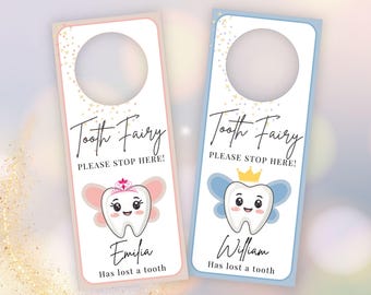 Editable Tooth Fairy Door Hanger Template, DIY Door Hanger, Please Stop Here Tooth Fairy Visit Printable Door Sign, Pink Blue Lost Tooth Kit
