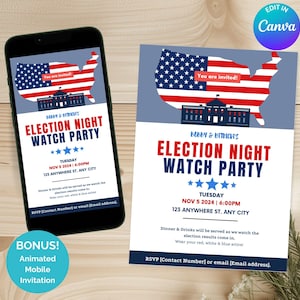 May include: A blue and white invitation for an Election Night Watch Party. The invitation features a red, white, and blue American flag with a white silhouette of the White House. The text on the invitation reads "Election Night Watch Party" and includes the date, time, and location of the event. The invitation also includes the text "RSVP [Contact Number] or email [Email address]."