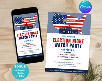 Editable Election Watch Party Invitation, USA Election Night Invitation Template, Vote 2024 Watch Party Flyer, Digital Animated Invitation