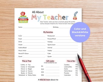 Teacher Favorite Things Questionnaire, All About My Teacher Survey, Get to Know Teacher Wish List, Back to School, End Of School Gift Ideas