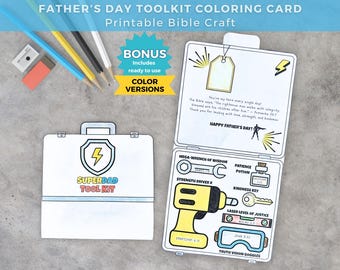 May include: A printable Father's Day toolkit coloring card featuring a suitcase-shaped design. The card displays a Super Dad Tool Kit logo, a wrench, a drill, a potion bottle, a key, a level, and goggles, with text including Proverbs 20:7 and Happy Father's Day.