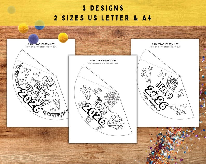 2026 New Year Party Hat, Make Your Own Hat Coloring Pages, New Years Eve Crafts for Kids, NYE Paper Hat Template, Printable Party Hat DIY image 5