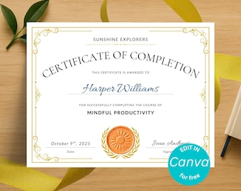 Certificate Of Completion Template, Editable Certificate Award, Custom Certificate Diploma Template, Training Certificate Template