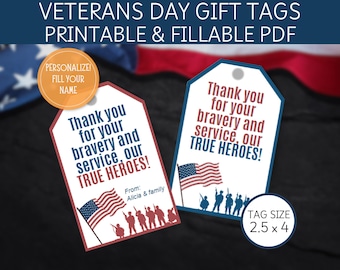 Happy Veterans Day Gift Tags, Military Thank you, Veteran Appreciation, Printable Veterans Favor Tags, Patriotic Soldier Homecoming Gift Tag