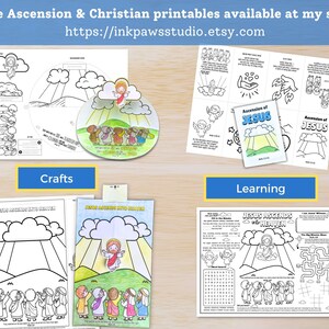 May include: A collection of Christian-themed printable crafts and learning activities. The image features coloring pages, a circular craft, and a booklet with the text "Ascension of Jesus." The color palette includes blue, yellow, and white.