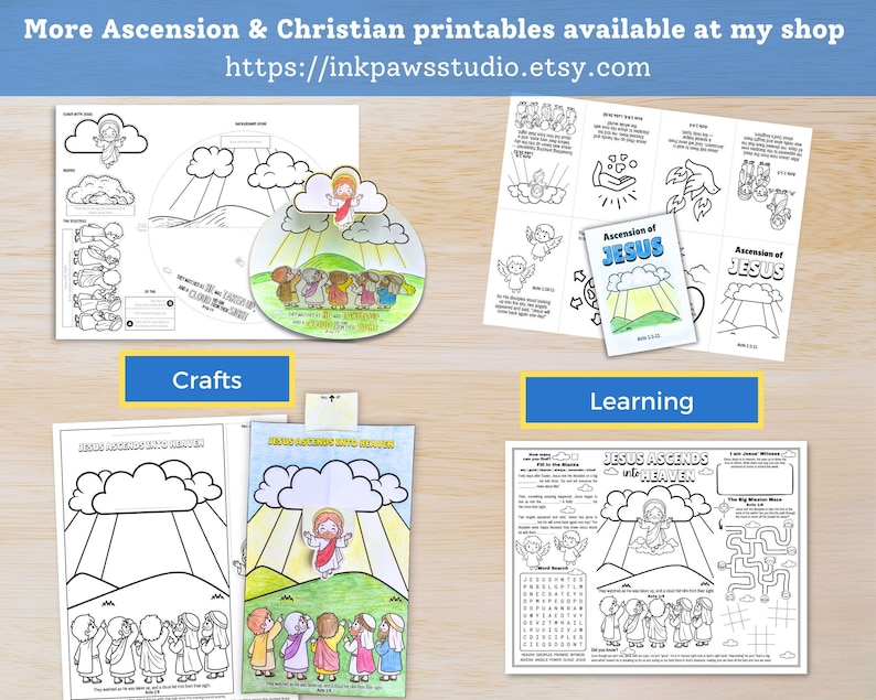 May include: A collection of Christian-themed printable crafts and learning activities. The image features coloring pages, a circular craft, and a booklet with the text "Ascension of Jesus." The color palette includes blue, yellow, and white.