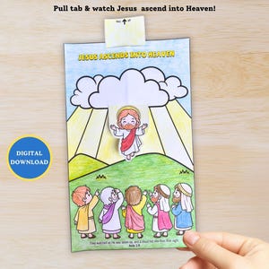 May include: A colorful, illustrated craft depicting Jesus ascending into Heaven. The image features a pull tab that reveals Jesus rising into the clouds. The text reads "JESUS ASCENDS INTO HEAVEN" and "Pull tab & watch Jesus ascend into Heaven!" A "DIGITAL DOWNLOAD" sticker is in the corner.