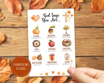 God Says You Are Fall Affirmation Cards, Christian Fall Gift Tags. Sunday School Teacher Thanksgiving Cards, Kids Scripture Cards Blessings