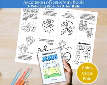 May include: A printable coloring zine craft titled Ascension of Jesus Mini Book featuring black and white line art illustrations of biblical scenes, including angels, a dove, and clouds, with a colored sample booklet and colored pencils.