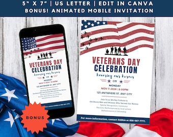 Editable Veterans Day Event Flyer, Animated Invitation Party Template, Honoring Veterans Celebration, Patriotic Military Memorial evite