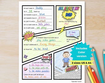 All About My Dad Questionnaire Printable, Fathers Day Fill In The Blank, Fathers Day Coloring, Hero Dad Birthday Gift From Kids DIY Keepsake