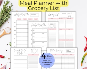 Weekly Meal Planner With Grocery List, Meal Plan Shopping List, Weekly Menu Planner, Family Meal Planning Bundle, Digital Meal Prep Planner