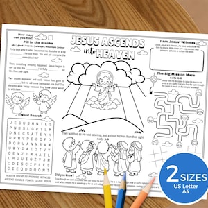 Può includere: Foglio di attività in bianco e nero intitolato "JESUS ASCENDS INTO HEAVEN" con esercizi a completare, ricerca di parole e attività di labirinto. Include il testo "2 SIZES US Letter A4".