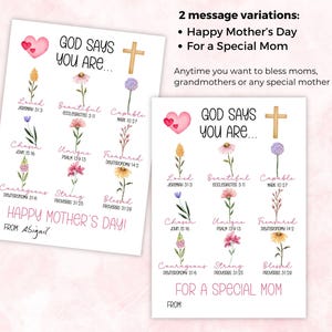 May include: Two white cards with floral illustrations and text. One card reads "Happy Mother's Day" and the other "For a Special Mom." Both cards feature the phrase "God Says You Are..." with various positive attributes.