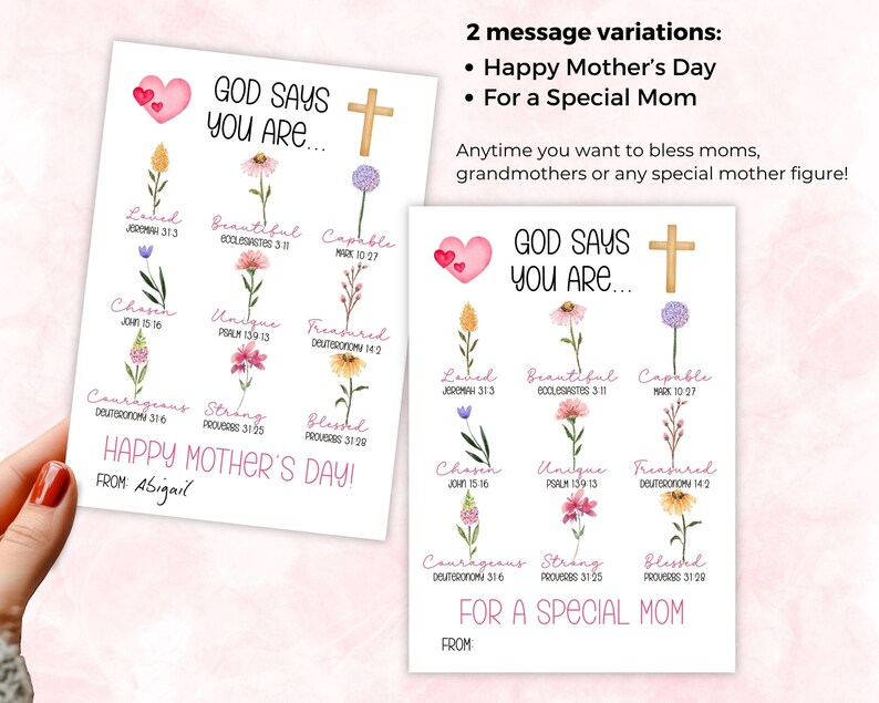 May include: Two white cards with floral illustrations and text. One card reads "Happy Mother's Day" and the other "For a Special Mom." Both cards feature the phrase "God Says You Are..." with various positive attributes.